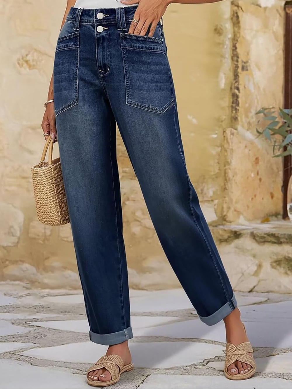 Flamingals mid rise barrel jeans cuffed patch pockets